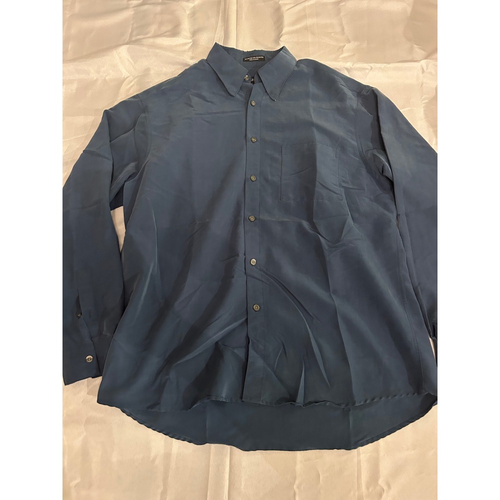 Alfani Button Down Shirt Mens Medium Blue Office Long Sleeve Rayon Blend Pocket
